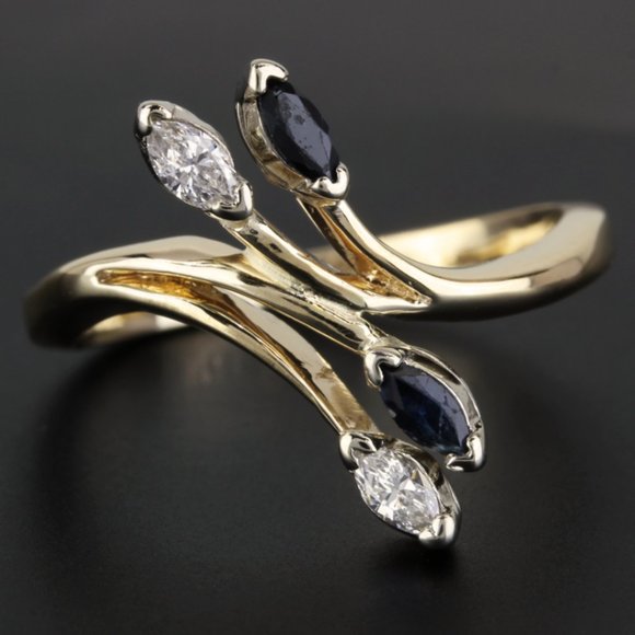 Vintage 14k Yellow Gold Marquise Diamond & Sapphire Cocktail Ring